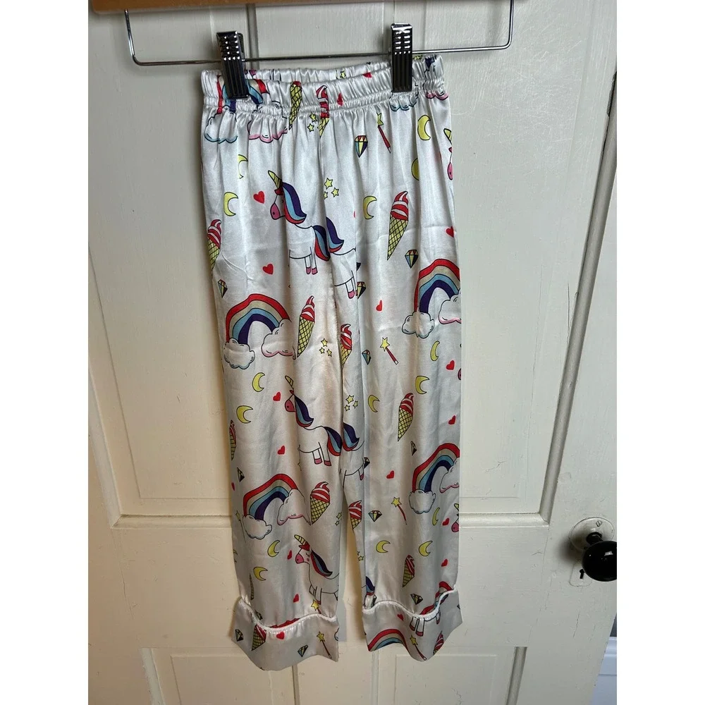 Lola + The Boys Girls Unicorn Rainbow Satin Pajama Set White Size 6 Short Sleeve